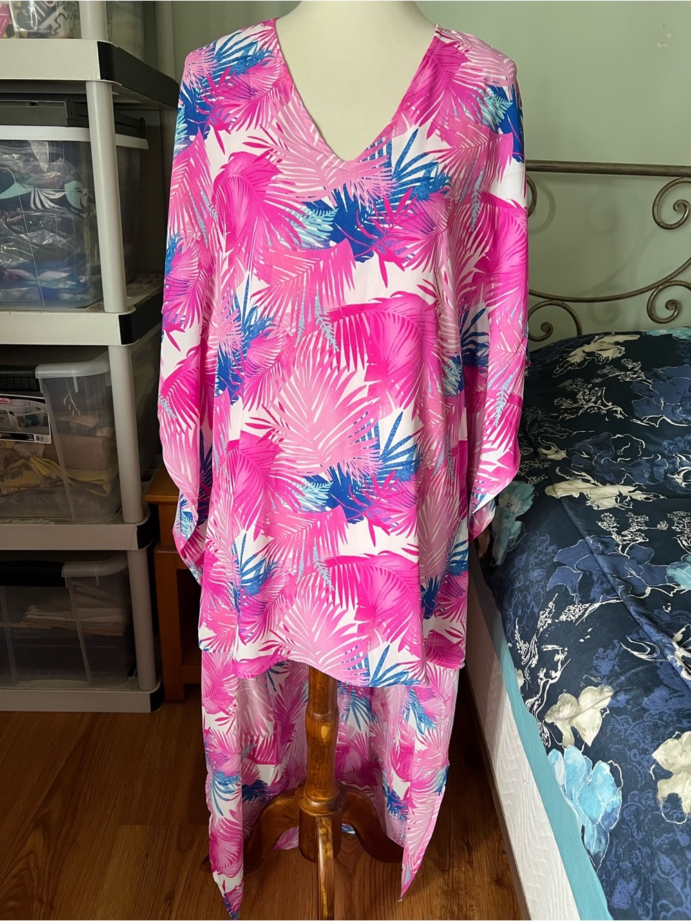 Adrienne Women’s Small Pink Tropical High-Low Kaftan Resort Flowy Cruise Dress